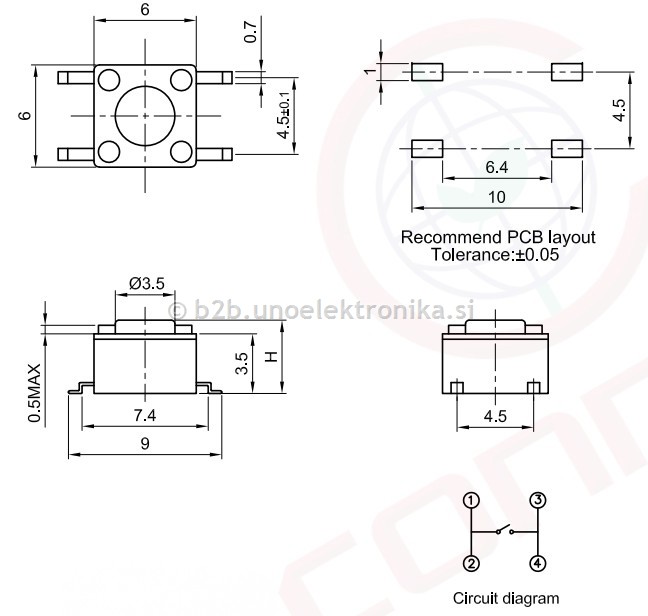 TIPKA 1p. 6x6 H=4,3mm 12VDC 50mA SMD