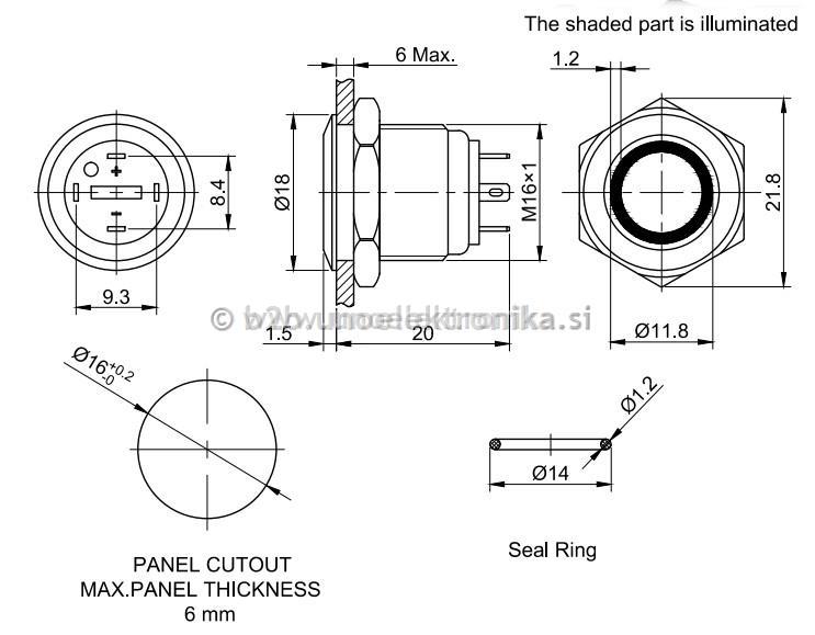 TIPKA fi16 mm 2A 36V IP65 MODRI LED 12V