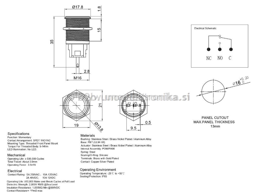 TIPKA fi16 mm 3A 250V IP65 RDEČI LED 12V