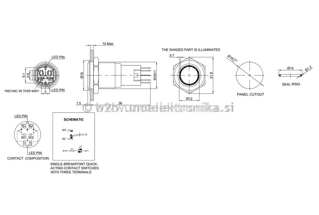 STIKALO fi16 mm 3A 250V IP65 MODRI LED