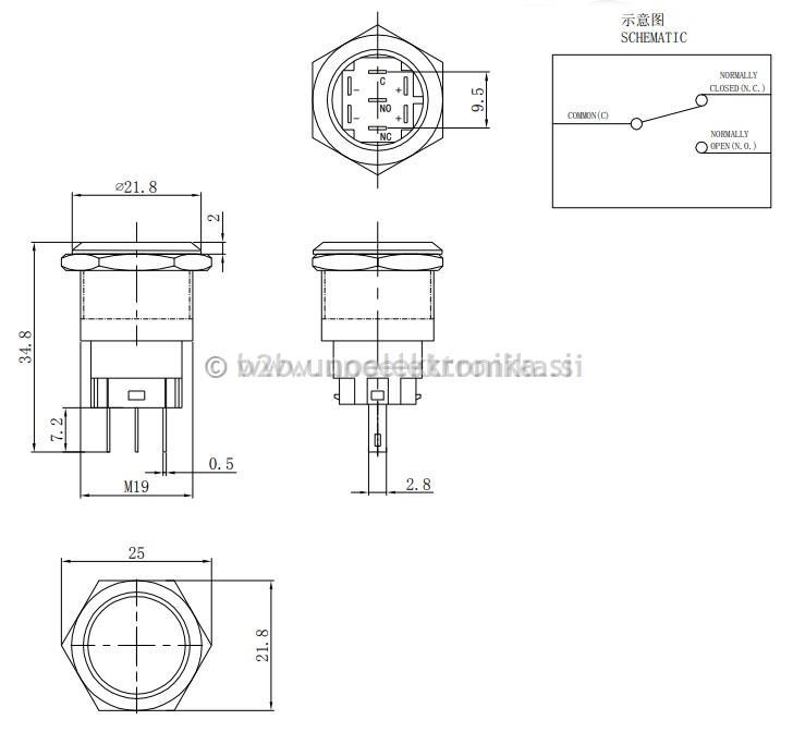 TIPKA fi 19mm 5A 250V IP67 UL MODRI LED