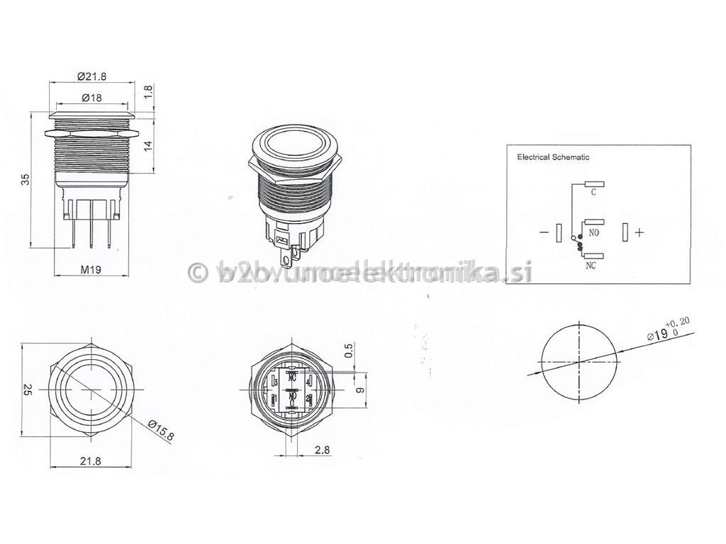 STIKALO fi 19mm 5A 230V IP65 UL RDEČ LED