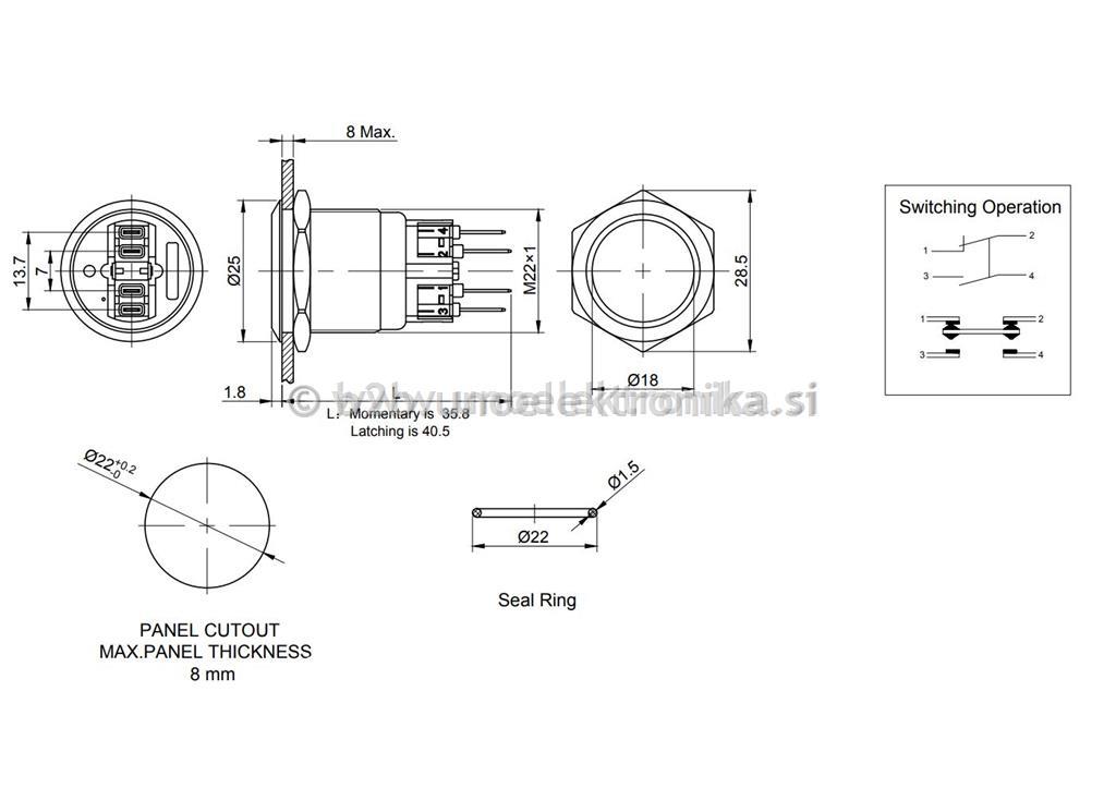 TIPKA fi 22mm 5A 250VAC VODOTESNA IP65