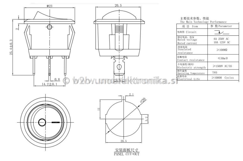 STIKALO 0-1 fi 20mm 6A 250VAC BELO