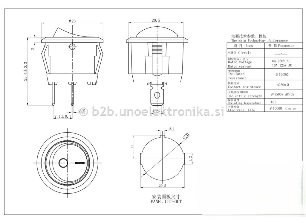 STIKALO 0-1 Z LUČKO fi20mm 6A 250VAC