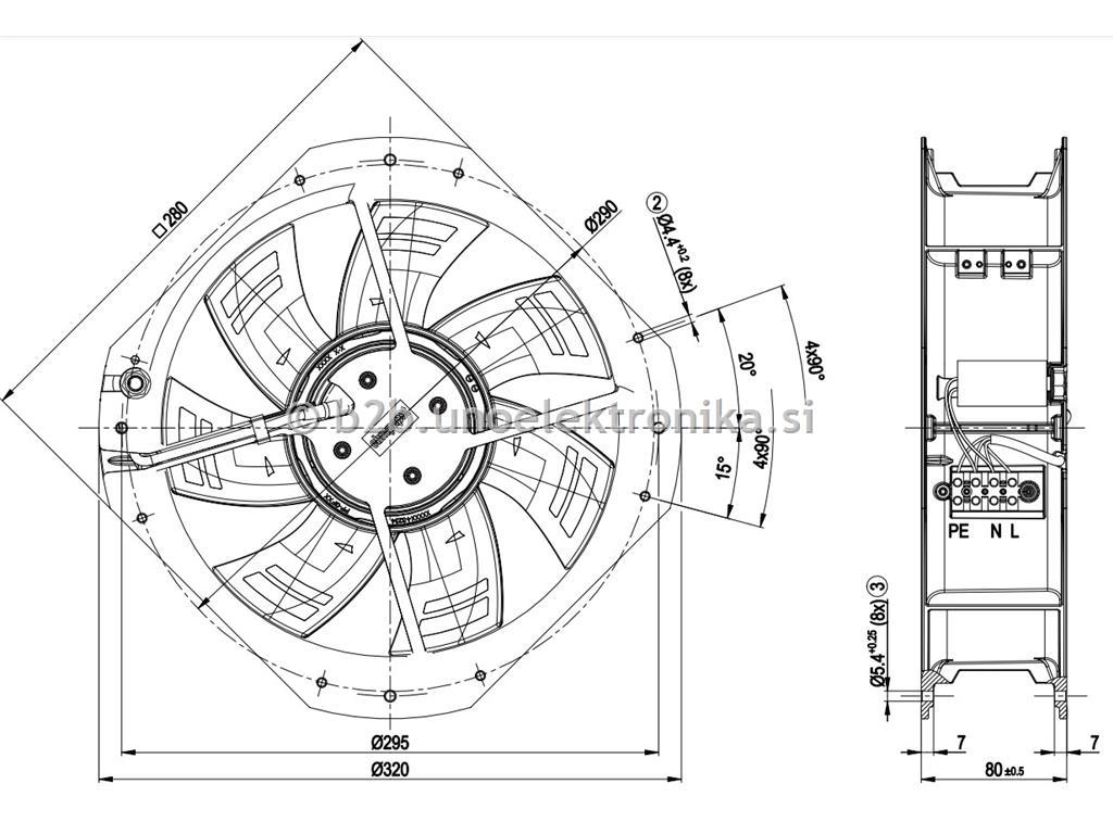 VENTILATOR 230VAC 280x280x80mm 158W